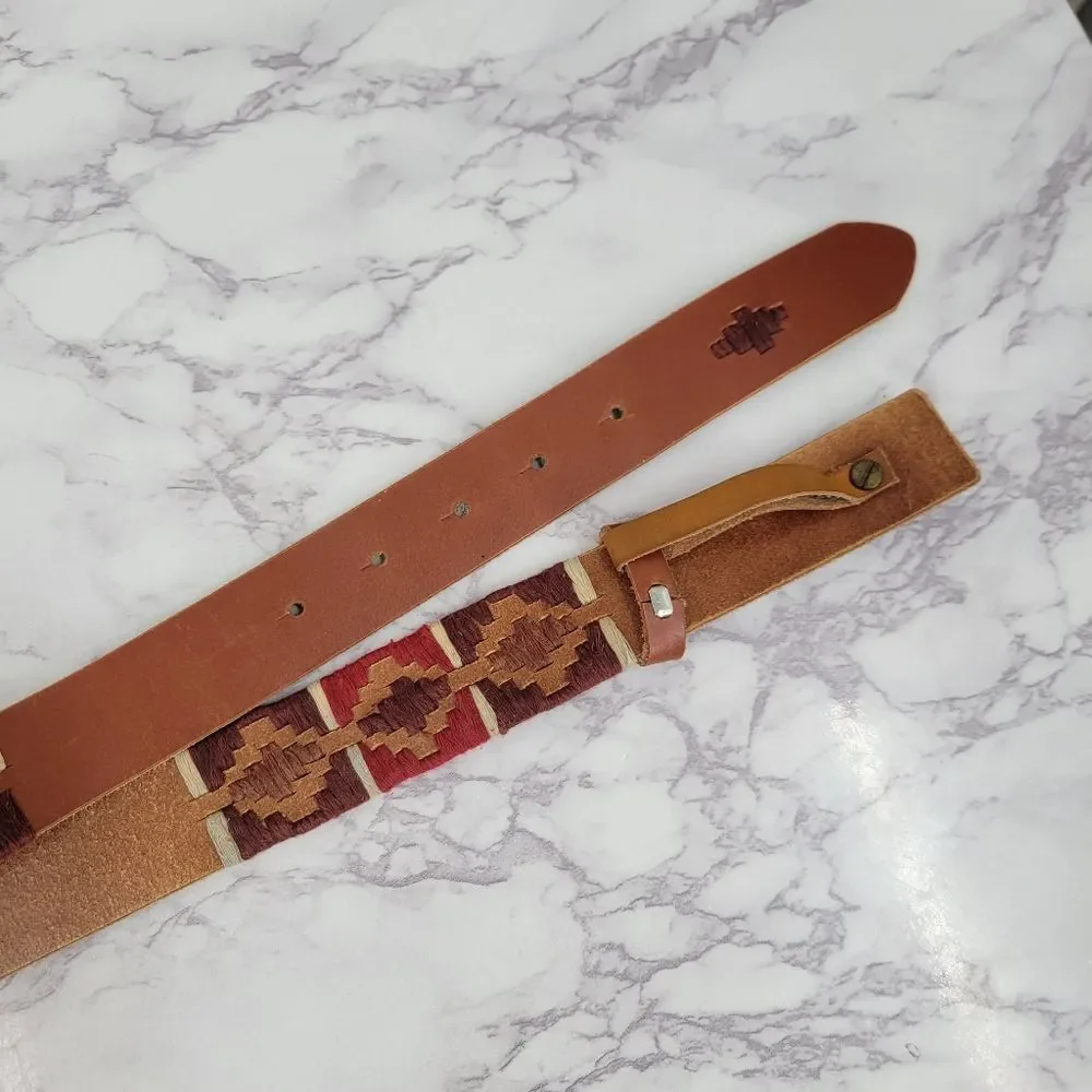 Loft Belt Leather Western Aztec Embroidered Brown and Red Patterned